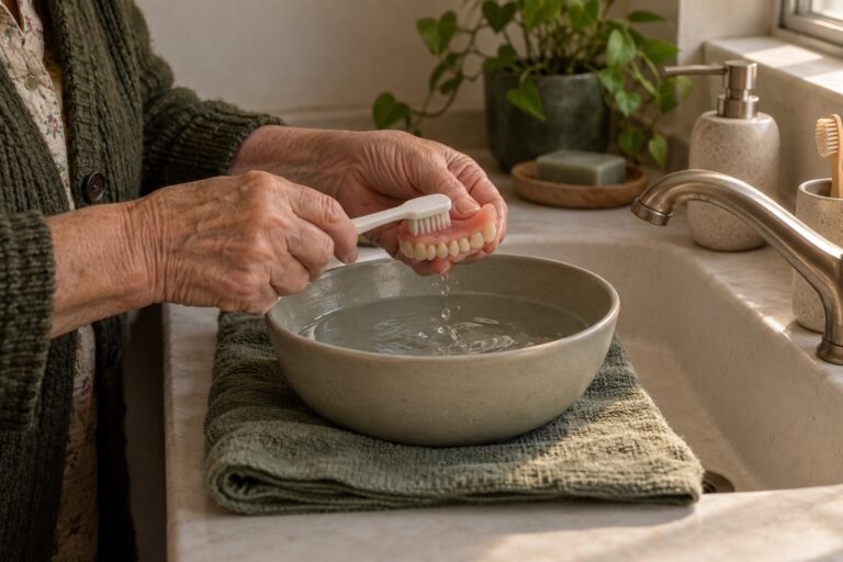 Mãos de uma senhora escovando a dentadura sobre uma bacia com água e uma toalha dobrada