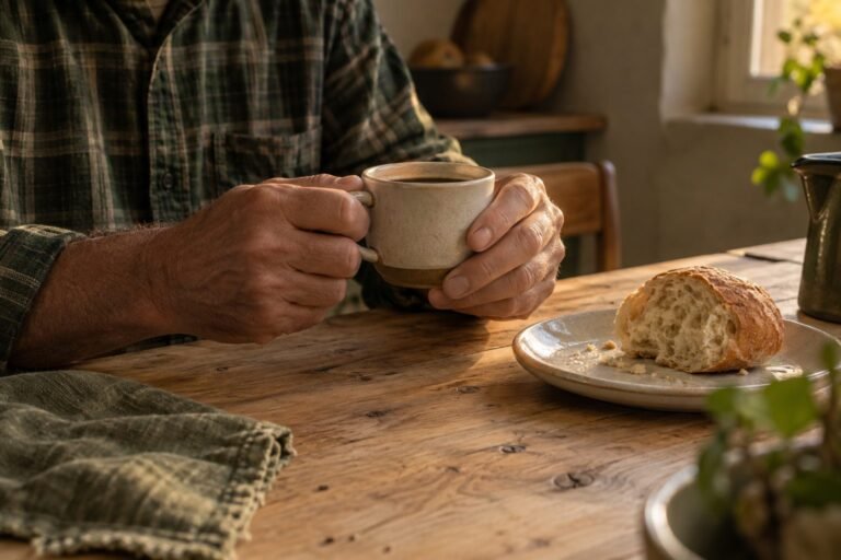 Mãos segurando uma xícara de café à mesa, ao lado de um pão pela metade