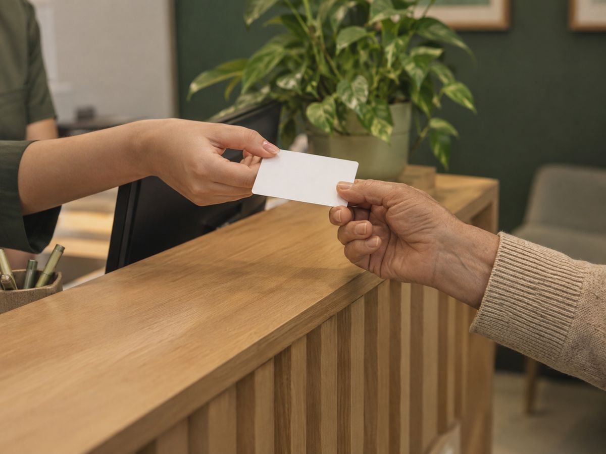 Recepção da Fluari Odontologia, paciente recebendo um cartão de retorno