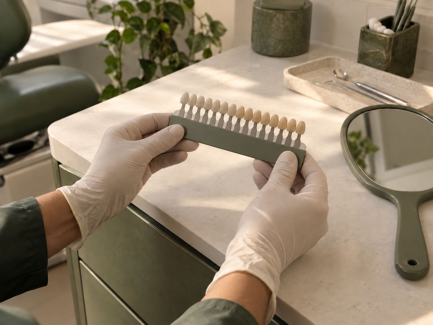Profissional segurando a escala de cores dos dentes usada na estética dental