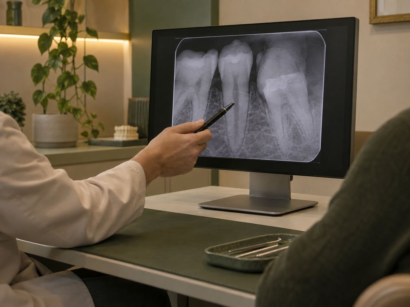Radiografia odontológica sendo explicada no monitor do consultório
