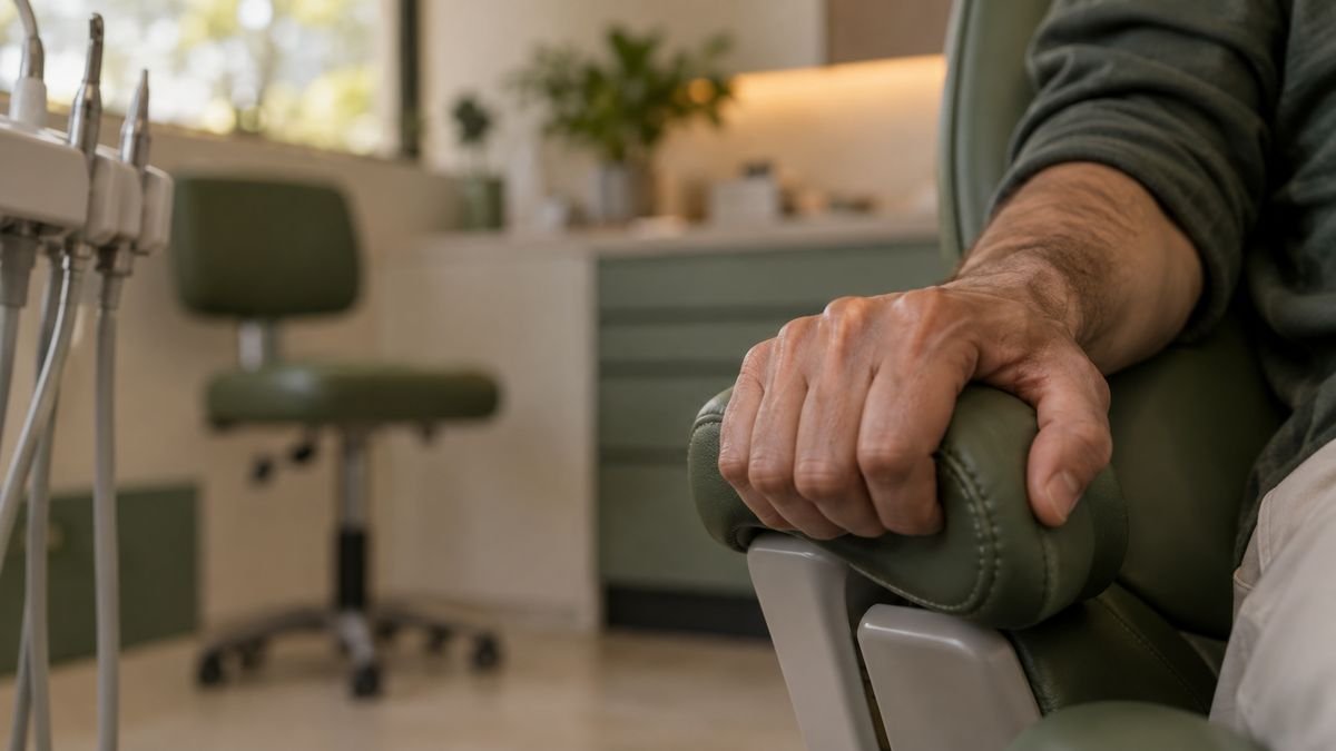 Mão de paciente apoiada no braço da cadeira do consultório
