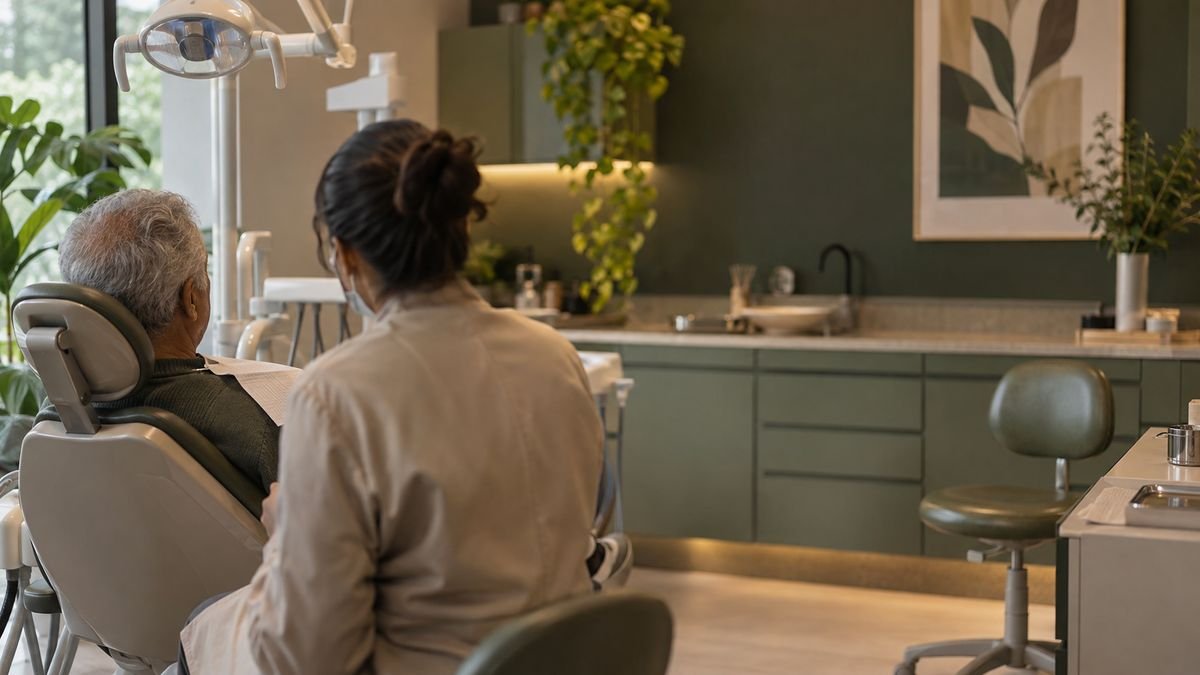 Paciente na cadeira do consultório conversando com a dentista